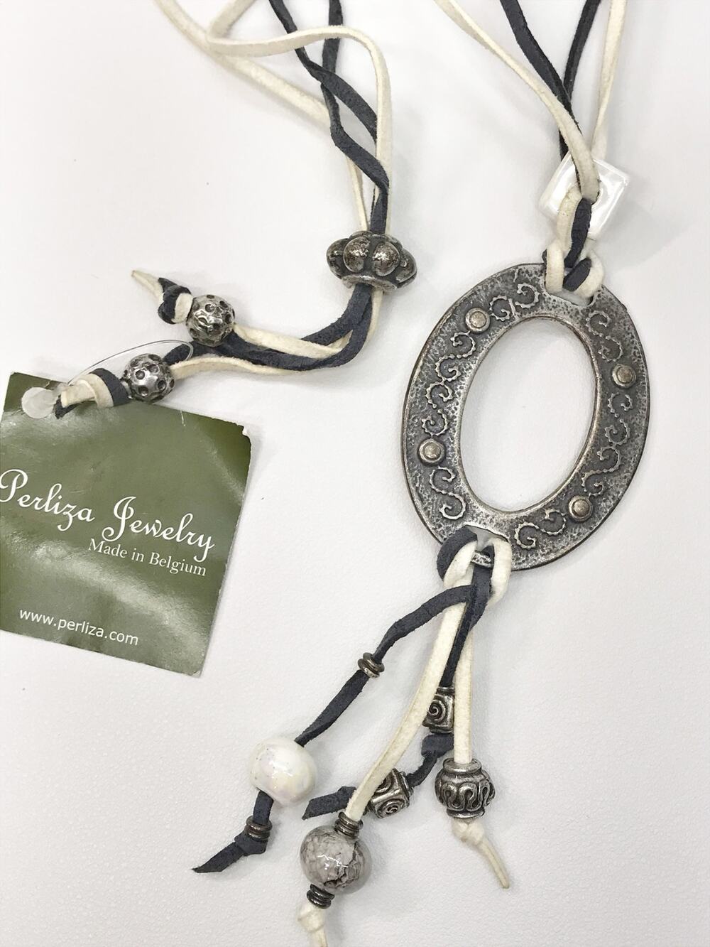 NWT Perliza Belgium Tribal Leather Lariat Antiqued Silver Tone Hammered Necklace